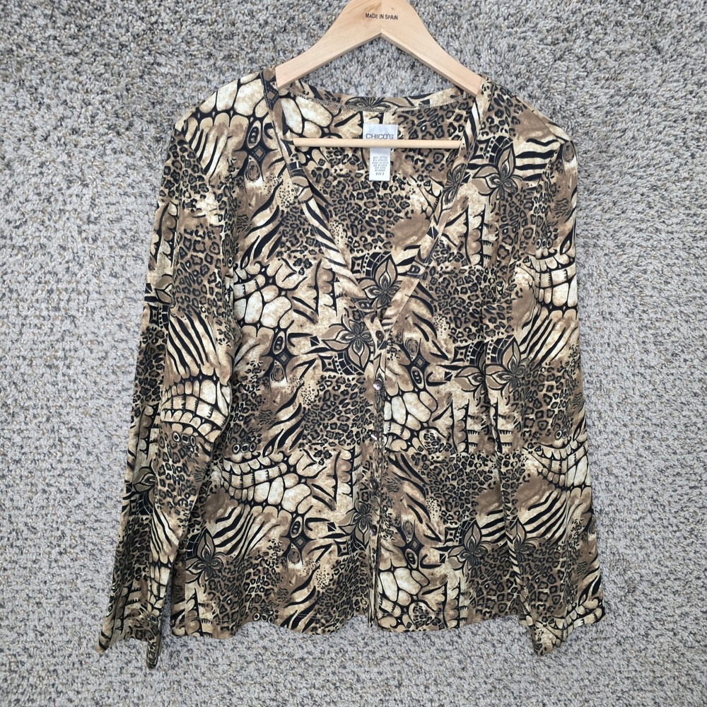 Chicos Cardigan Womens 2 US Large Brown V Neck‎ Button Up Lightweight Casual
